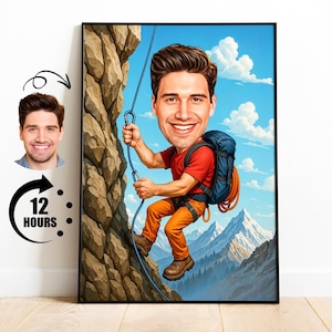 Regalo per scalatore, caricatura di arrampicata personalizzata da foto, ritratto divertente di scalatore di montagna, download di cartoni animati di avventure all'aria aperta