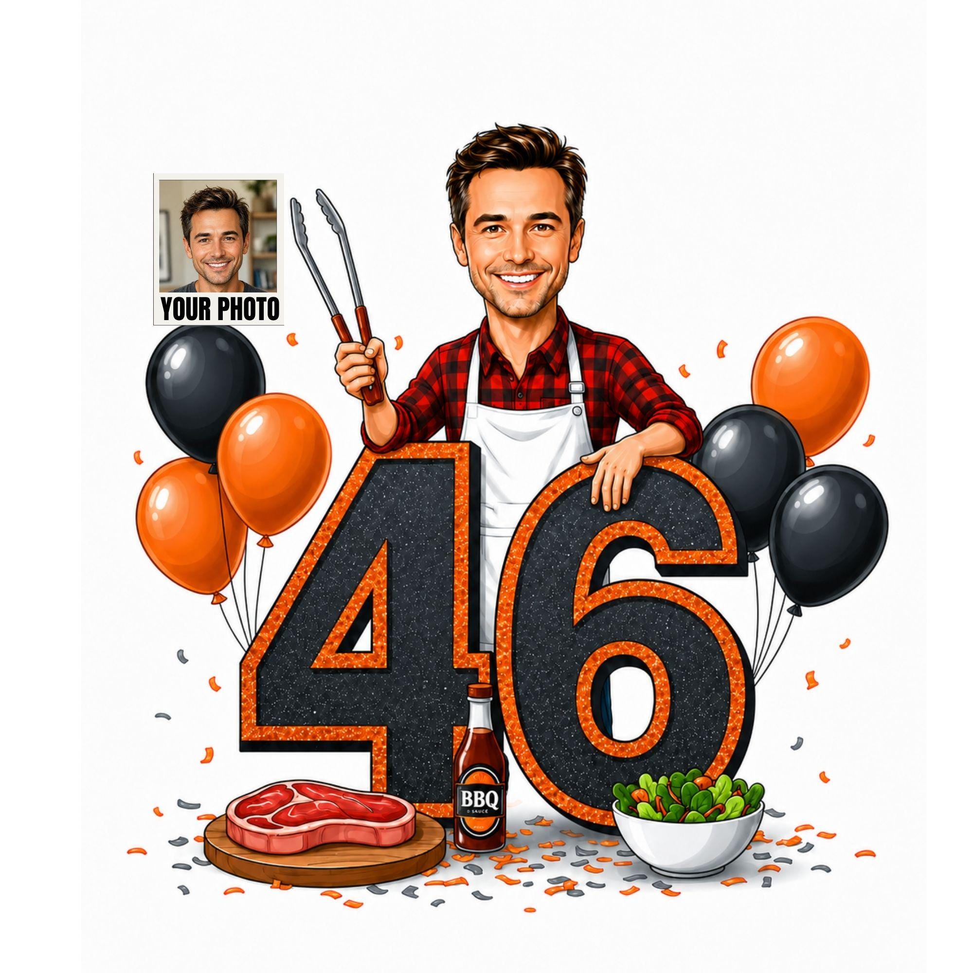 46th Birthday BBQ Cartoon Portrait for Him from photo