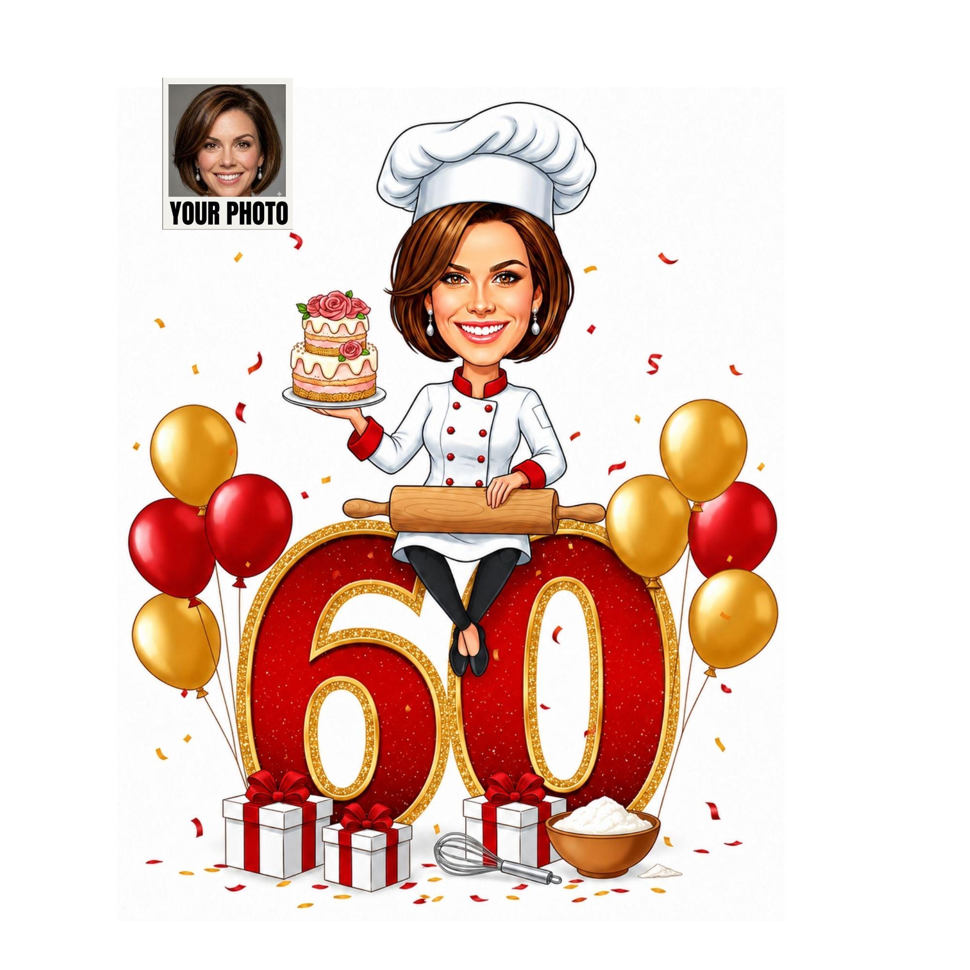 60th Birthday Baker Cartoon Portrait for Her from photo