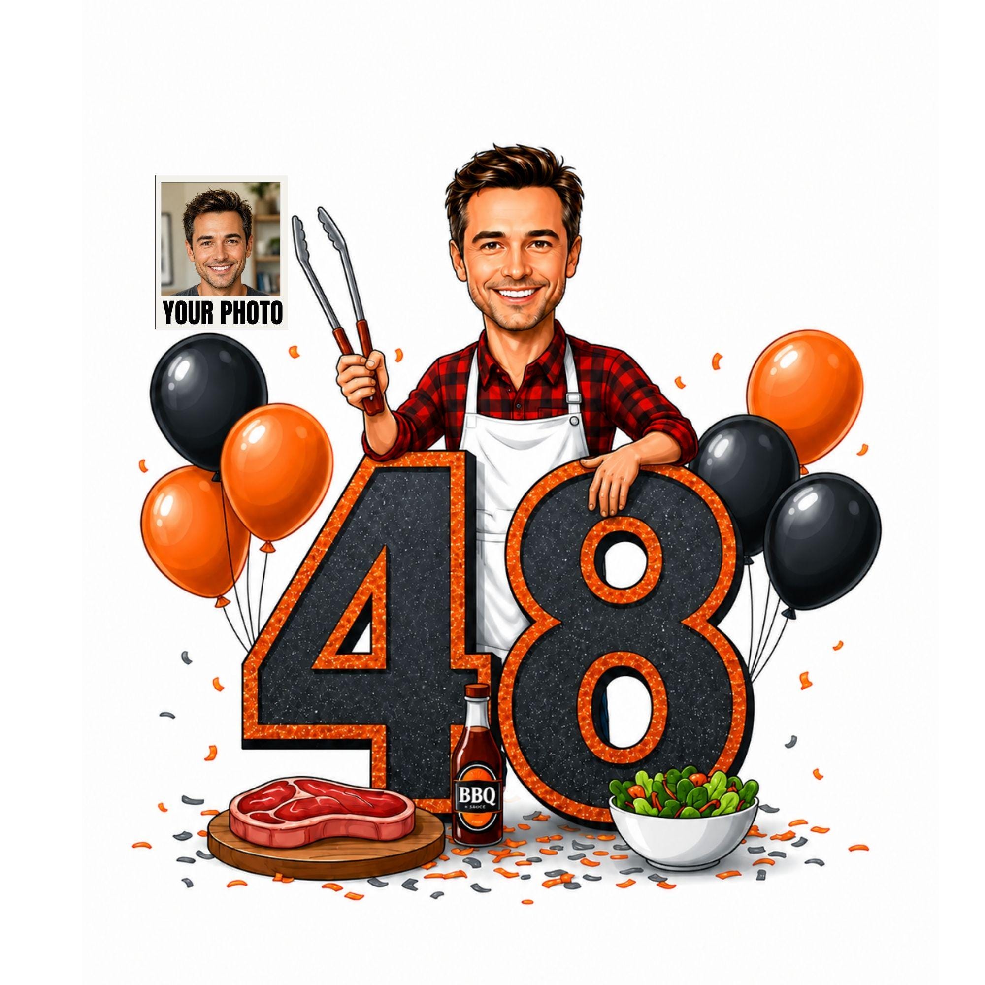48th Birthday BBQ Cartoon Portrait for Him from photo