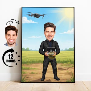 May include: A framed digital caricature print featuring a person with brown hair wearing a black jacket and trousers, holding a drone controller in a field. A drone flies in the blue sky above. To the left, a photo of the person and a 12 hours icon.