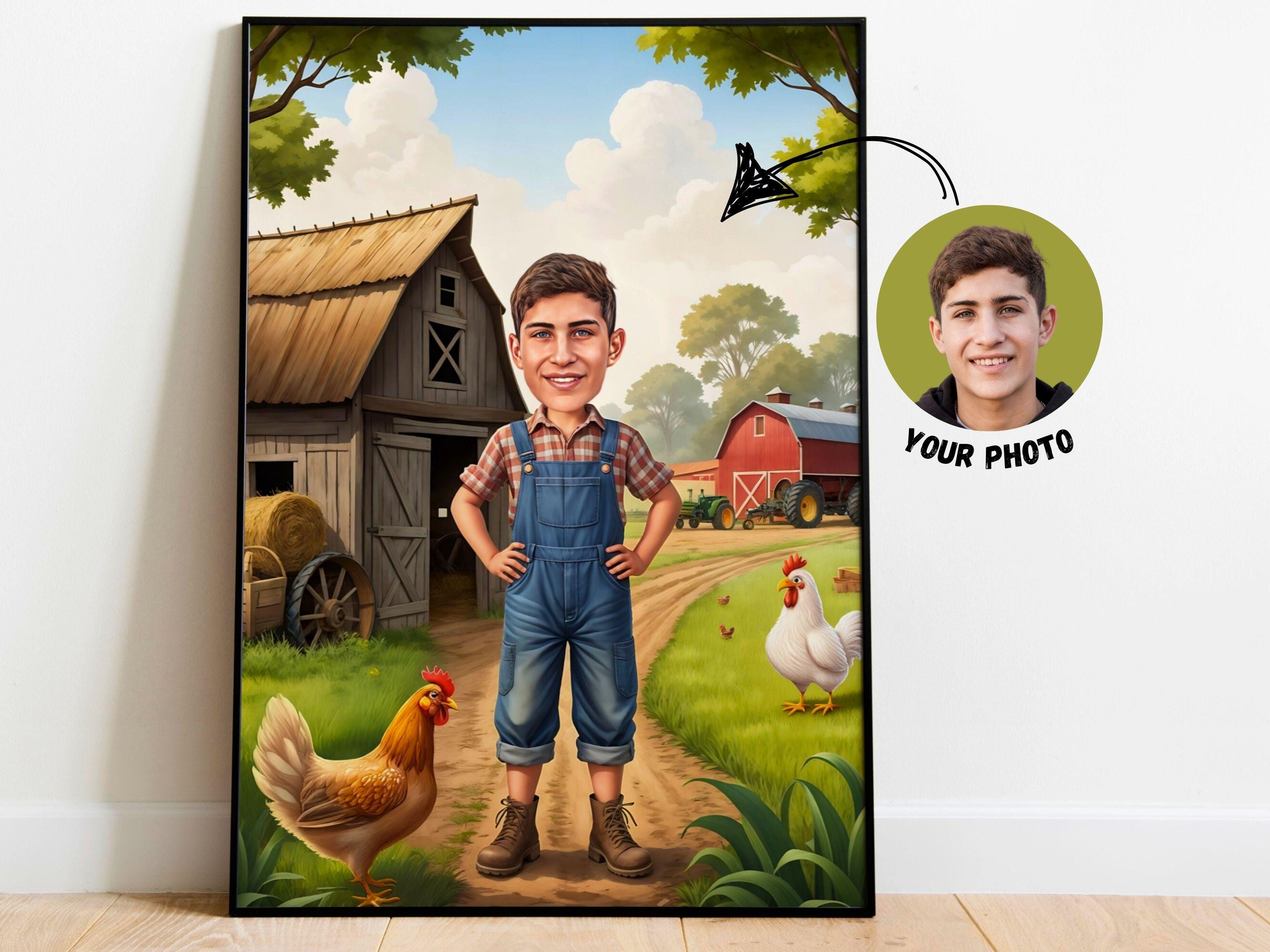 Custom Farmer Cartoon Portrait: Unique Kid's Birthday Gift (Digital) from photo
