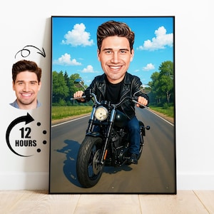 Retrato de motociclista personalizado, regalo para motociclista, caricatura de motociclista, caricatura de foto