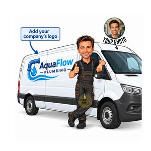 Personalised Tradesman Caricature Gift, Custom Work Van Portrait with Company Logo, Funny Tradesman Christmas Gift, Business Owner Present