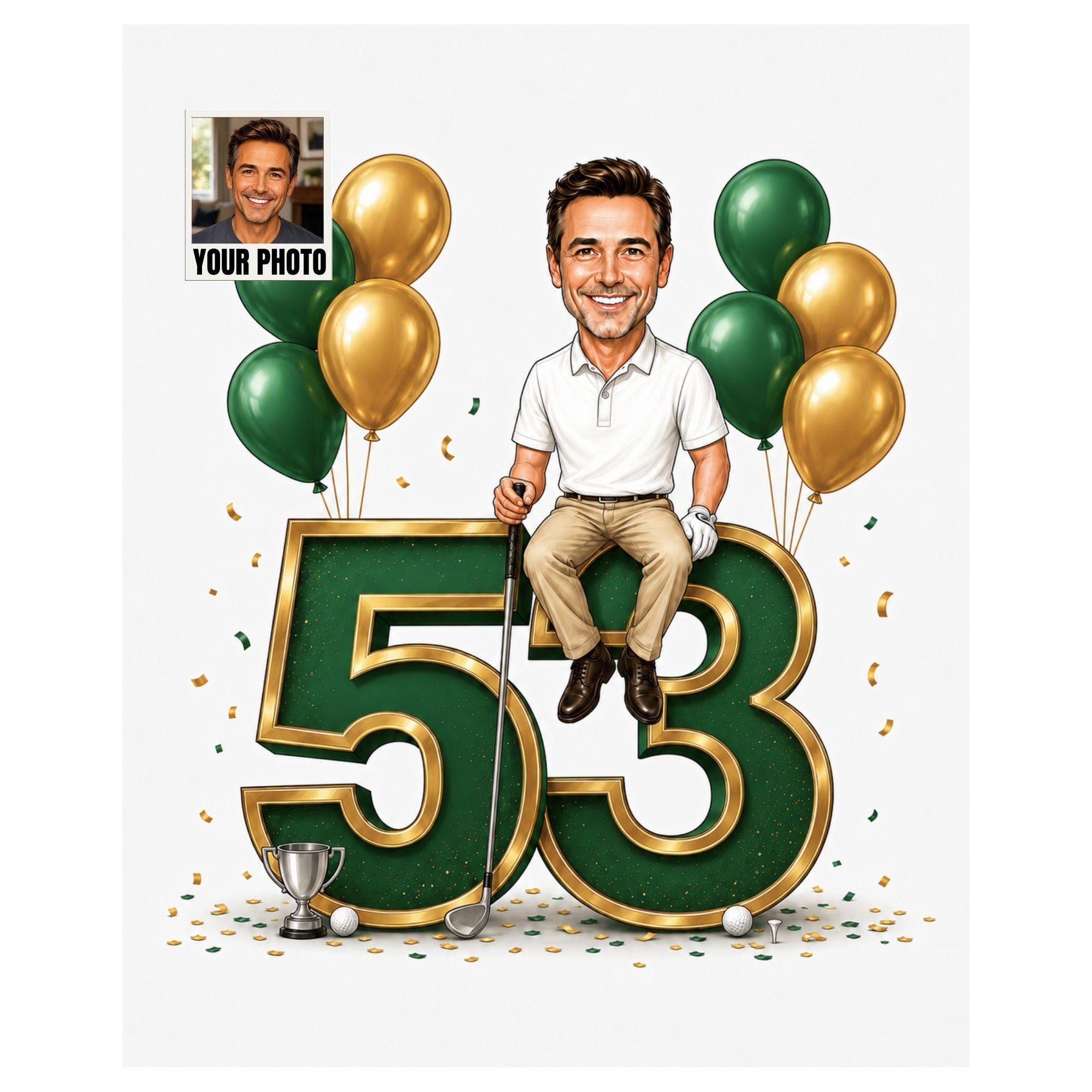 53rd Birthday Golf Cartoon Portrait for Him from photo