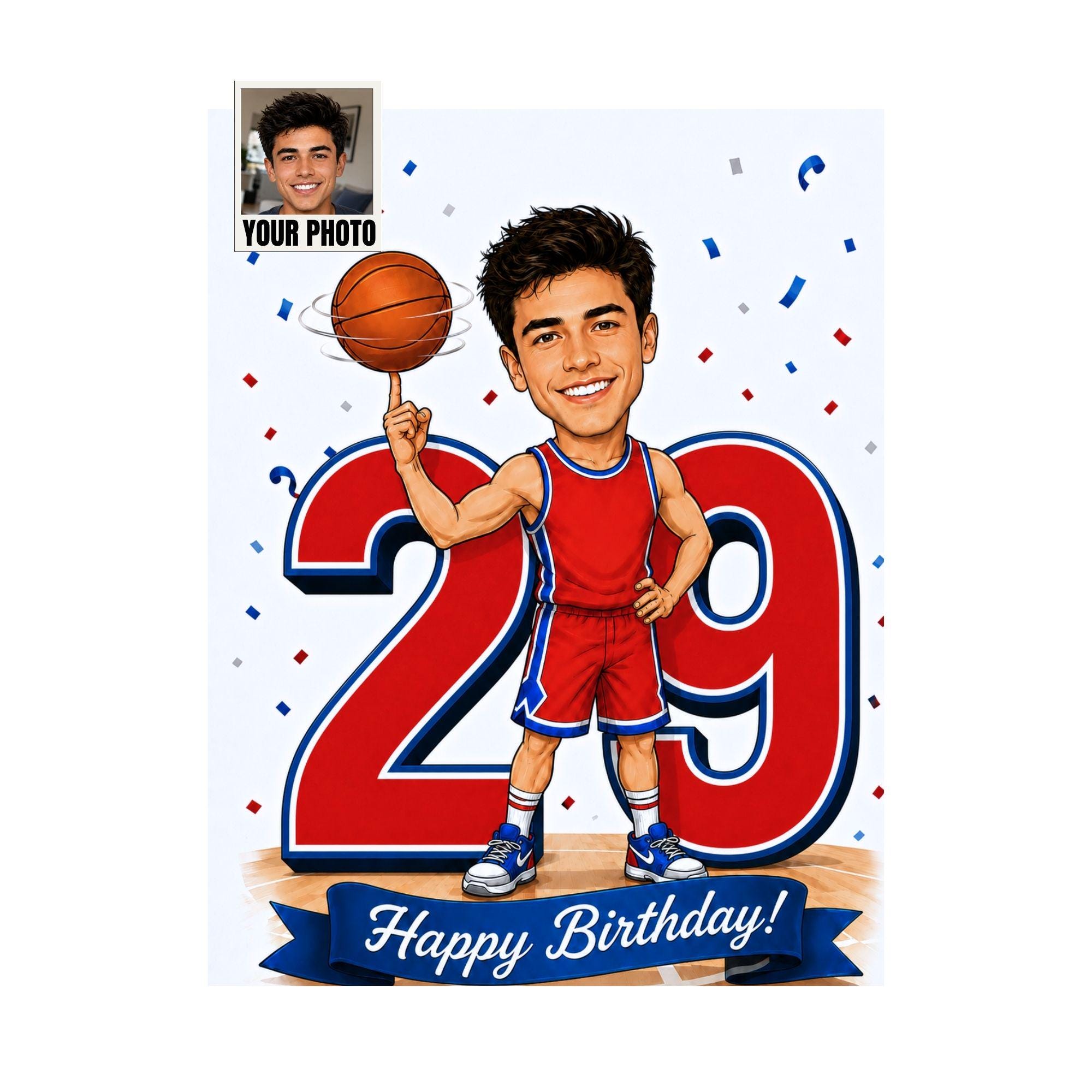 29th Birthday Basketball Cartoon Portrait for Him from photo