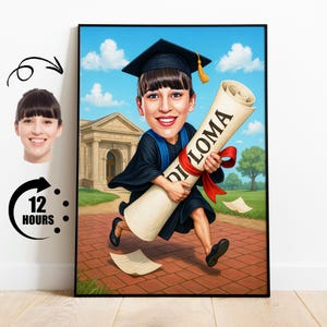 彼女への卒業祝い、写真から作る面白い卒業似顔絵、卒業証書付き卒業記念ポートレート、パーソナライズされた漫画イラスト