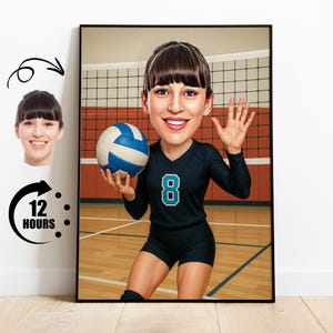 Regalo per giocatore di pallavolo, caricatura sportiva personalizzata da foto, ritratto divertente di atleta, grafica personalizzata della squadra di pallavolo