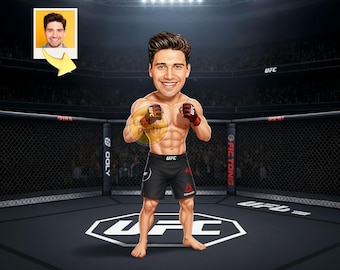 May include: Cartoon illustration of a muscular man in a UFC ring. He wears black shorts with the UFC logo and red gloves. The background shows a crowd and the UFC logo on the mat.
