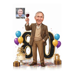 Custom 80th birthday man caricature with number 80, balloons, cake and wine glass