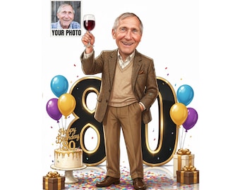 Custom 80th Birthday Caricature | 80th Birthday Cartoon Portrait | Gift For 80th Birthday | 80th Birthday Man | 80th Birthday Gift | 80 Bday
