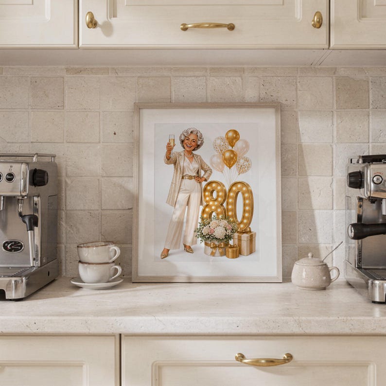 May include: A framed print featuring an illustration of a person with gray hair wearing a cream-colored suit, holding a glass, standing next to large illuminated number 80 balloons, gold balloons, a floral arrangement, and gift boxes.
