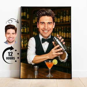 Funny Bartender Gift, Custom Bartender Caricature from Photo, Bartender Cartoon Portrait, Unique Barman Gift, Personalized Bar Decoration