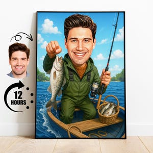 Regalo para pescador, caricatura de pescador personalizada a partir de una foto, retrato divertido de pescador, dibujo de caricatura de pescador personalizado