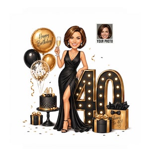 May include: A cartoon illustration of a person in a black dress holding a champagne glass, surrounded by gold and black balloons, a cake with a 40 topper, large illuminated 40 marquee lights, and gift boxes with the text Happy Birthday and Cheers to 40.