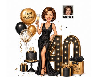 40th Birthday Caricature | 40th Cartoon Portrait | 40th Birthday Card | Custom Photo Card | 40th Card For Her | Wife Birthday Card