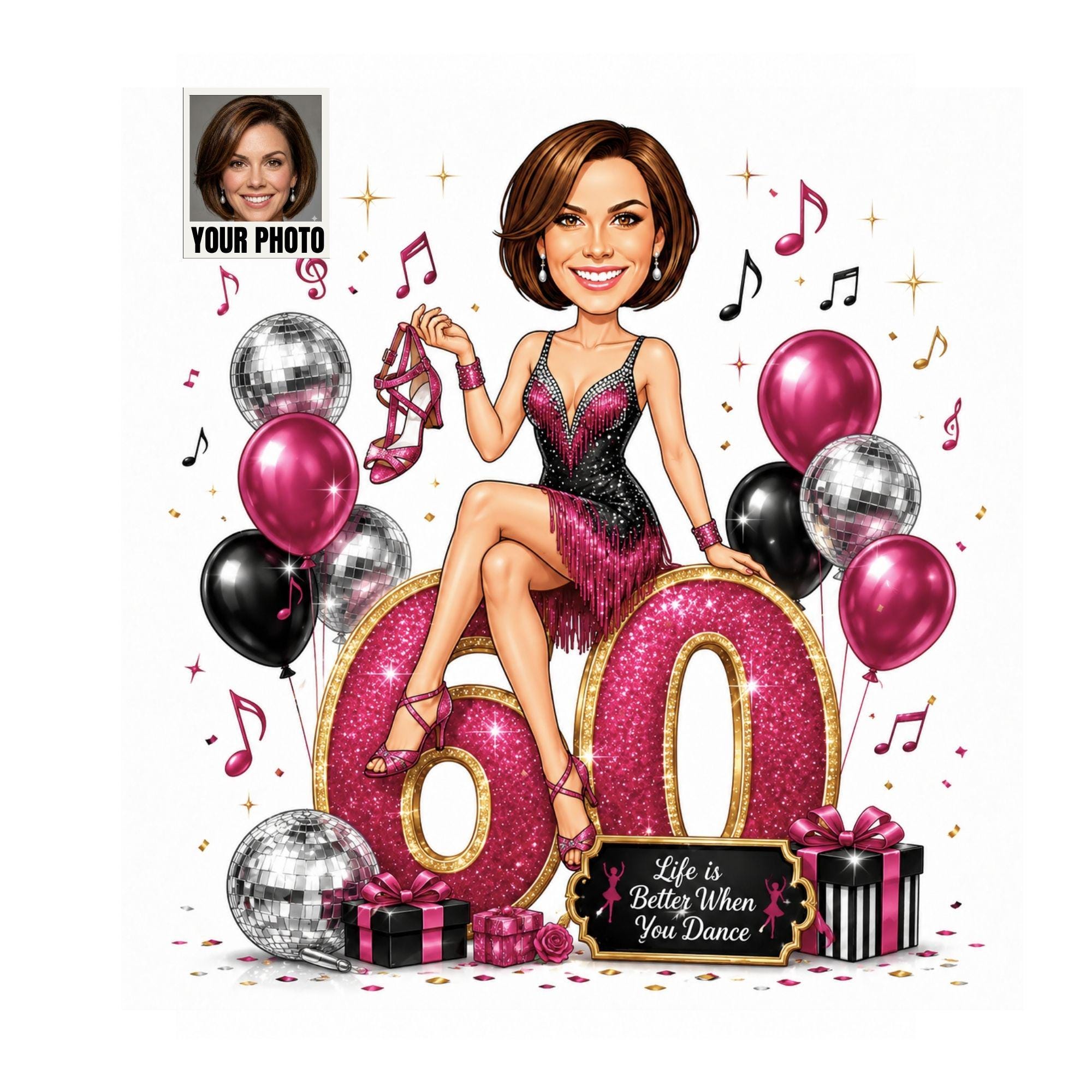60th Birthday Dancer Cartoon Portrait for Her from photo