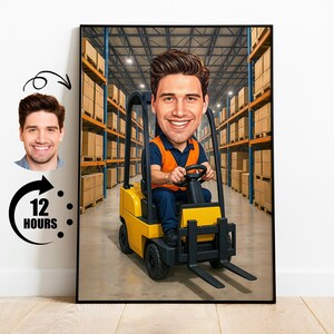 Personalisierte Gabelstaberfahrer Karikatur | Lagerarbeiter Cartoon Portrait | Lustiges Geschenk für Ihn | Vatertag | Geburtstagsgeschenk