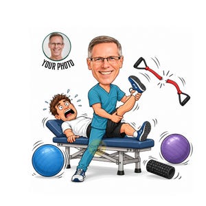 May include: A digital caricature illustration featuring a physical therapist in blue scrubs stretching a patient on a treatment table. Includes a blue exercise ball, a purple exercise ball, a black foam roller, and a broken red resistance band.