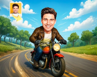 Personalized Motorcycle Gift For Him, Custom Biker Caricature From Photo, Motorcycle Caricature, Personalized Biker Cartoon Portrait
