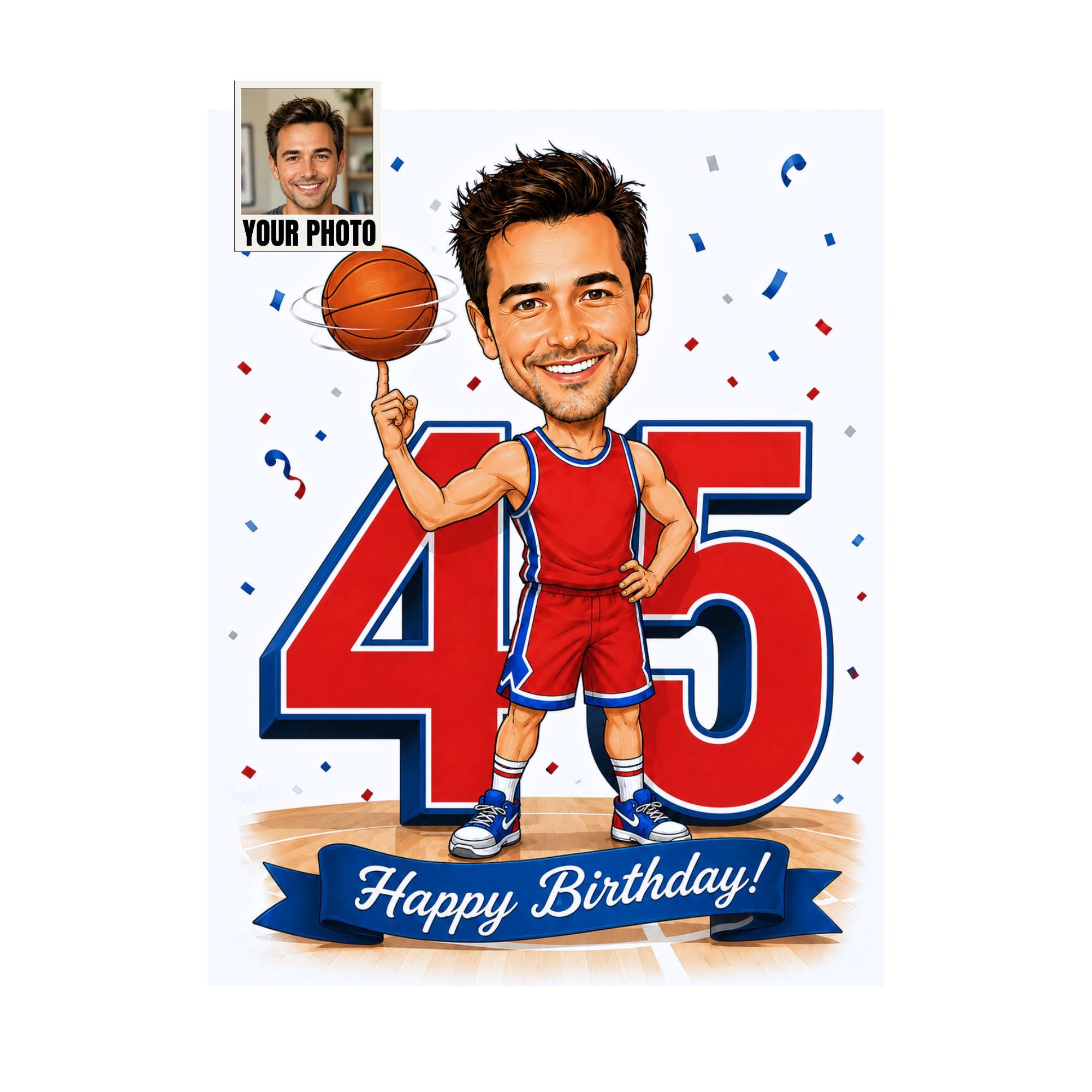 45th Birthday Basketball Cartoon Portrait for Him from photo