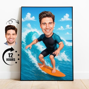 Retrato de surfista personalizado, regalo para surfistas, caricatura divertida de surfista a partir de una foto, arte mural de surf, regalo para amantes del mar.