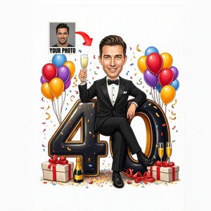 Custom 40th birthday man caricature in tuxedo sitting on large number 40 balloons