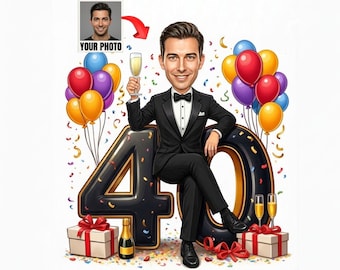Custom 40th Man Birthday Caricature | 40th Birthday Cartoon Portrait | Gift For 40th Birthday | 40th Birthday Man | 40th Birthday Card