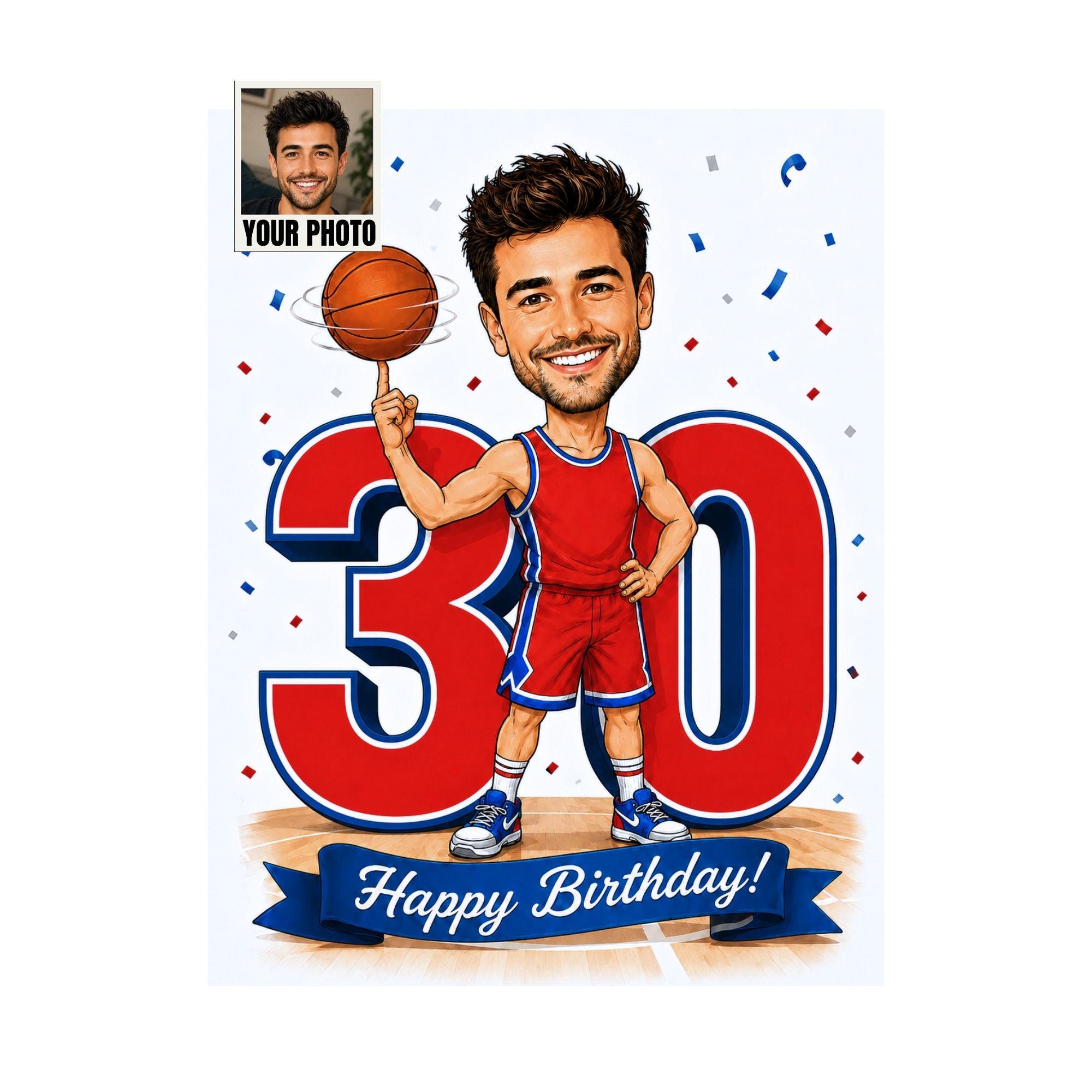 30th Birthday Basketball Cartoon Portrait for Him from photo