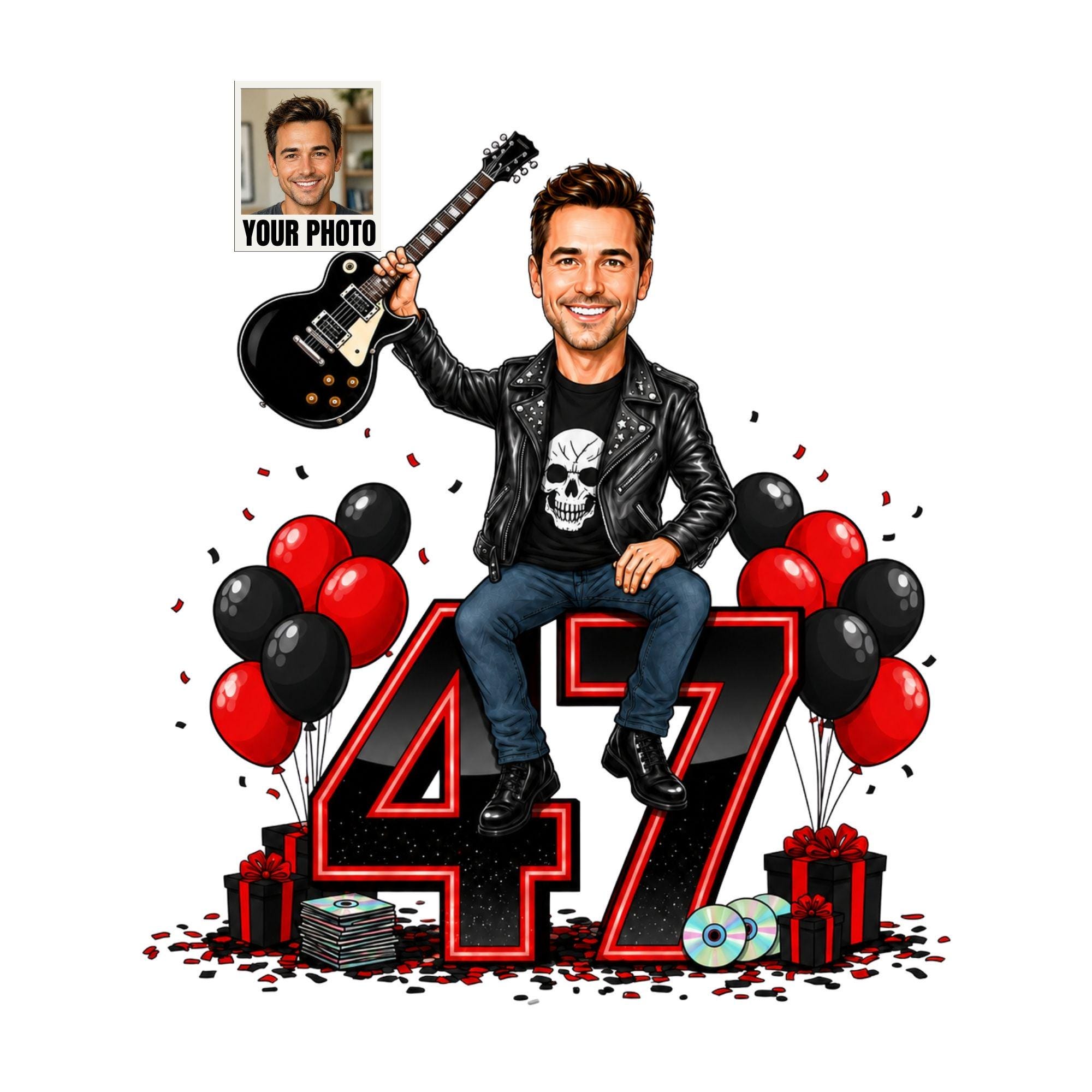 47th Birthday Rocker Cartoon Portrait for Him from photo