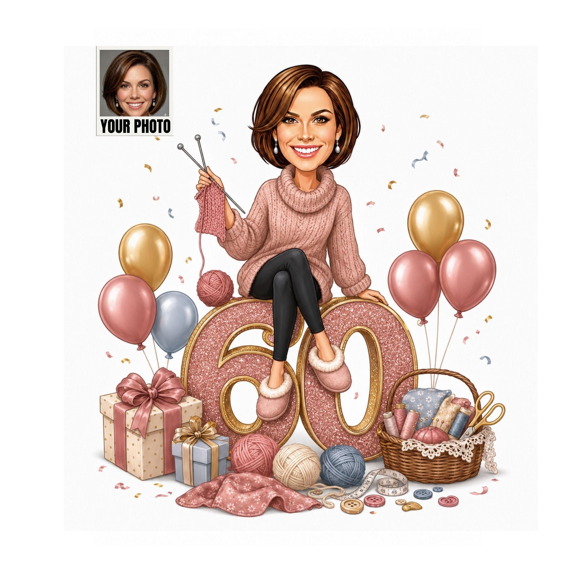 60th Birthday Knitting Cartoon Portrait for Her from photo