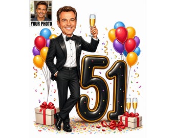 51st Birthday Man Cartoon Portrait, Custom 51st Birthday Man Caricature from Photo, Funny 51st Birthday Gift for Him, 51st Birthday Card