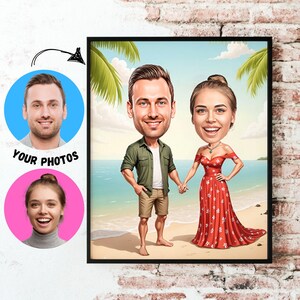 Benutzerdefinierte Paar Karikatur personalisierte Cartoon Porträt romantische Geschenk für ihn ihr Jahrestag Hochzeitsgeschenk Lustig Strand Zeichnung Kunst