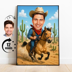 Cadeau caricature de cow-boy, portrait western personnalisé à partir d'une photo, dessin drôle de cavalier, art numérique de rodéo personnalisé
