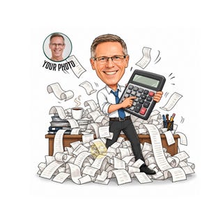 Pode incluir: Uma ilustração caricata de uma pessoa sorridente de óculos, camisa branca e gravata azul, segurando uma calculadora preta grande. A figura está atrás de uma mesa enterrada sob uma enorme pilha de recibos de papel branco e documentos.