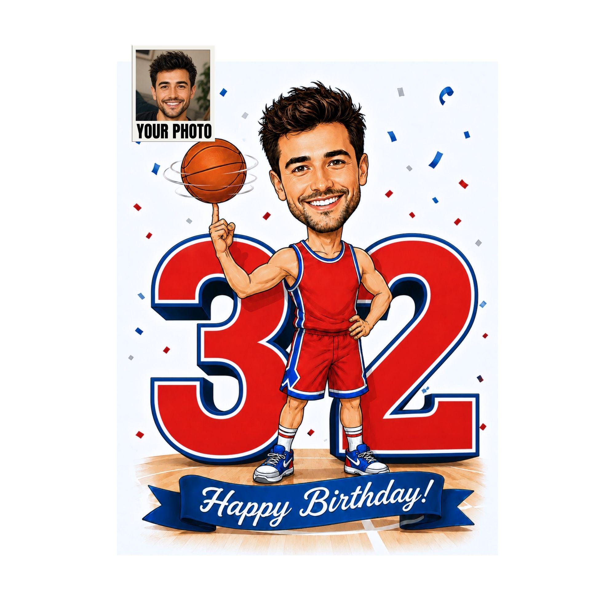 32nd Birthday Basketball Cartoon Portrait for Him from photo