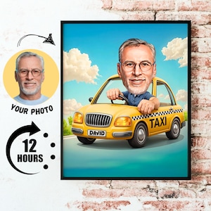 Regalo para taxista, caricatura de taxi personalizada a partir de una foto, ideas divertidas para regalar a un taxista, retrato de caricatura de un conductor masculino con taxi