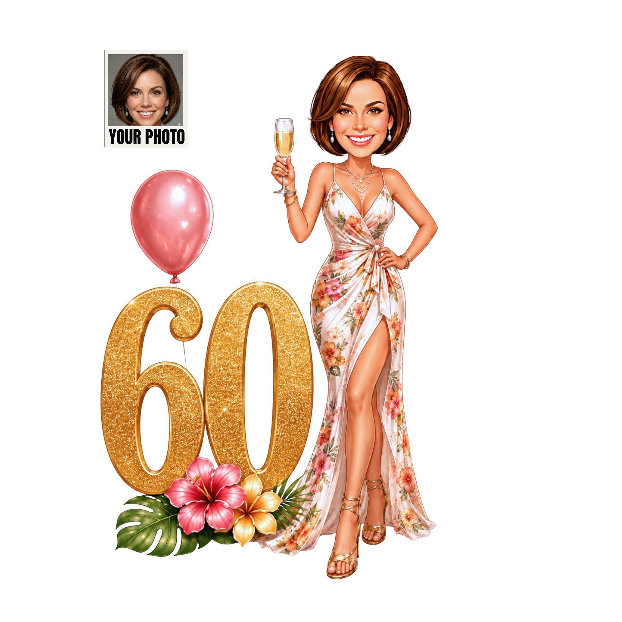 Custom 60th Caricature Birthday Card for Her from photo