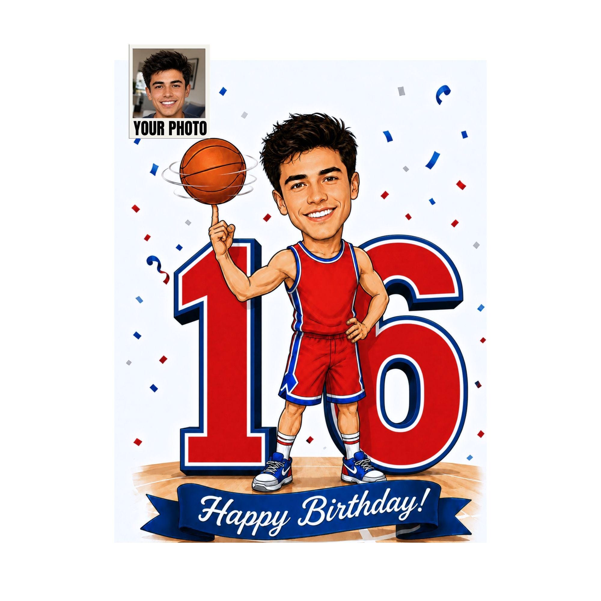 16th Birthday Basketball Cartoon Portrait for Him from photo