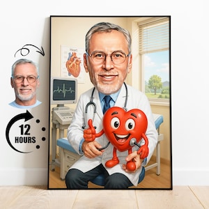 Regalo para cardiólogo, caricatura personalizada de cardiólogo a partir de una foto, retrato médico divertido, arte de dibujos animados de cardiología personalizado