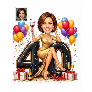 Custom 40th birthday caricature with woman on a large number 40, balloons and champagne