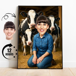 Caricatura de granjera a partir de una foto, regalo para amantes de las vacas, retrato divertido de mujer en un establo, regalo personalizado de caricatura de dueña de vaca.