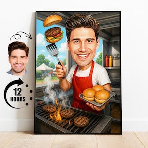 Geschenk für Burger Liebhaber, benutzerdefinierte Grillmeister Karikatur vom Foto, lustiges Grillmeister Cartoon Porträt, personalisierter Hamburger Kunstdruck