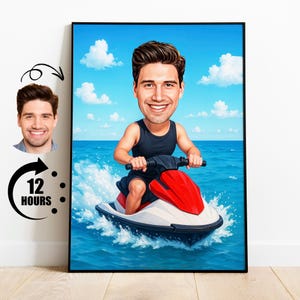 Portrait homme dessin animé jet ski, cadeau jet ski, caricature jet ski personnalisée, caricature de pilote jet ski à partir d'une photo, cadeau pour pilote jet ski