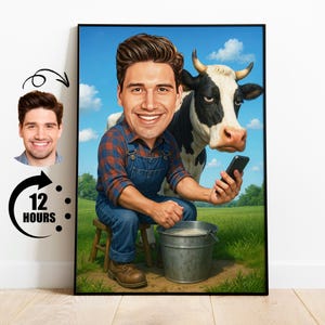 Caricatura divertida de granjero, regalo para granjero, caricatura de vaca personalizada, caricatura divertida de granjero a partir de una foto, regalo para granjero lechero con humor