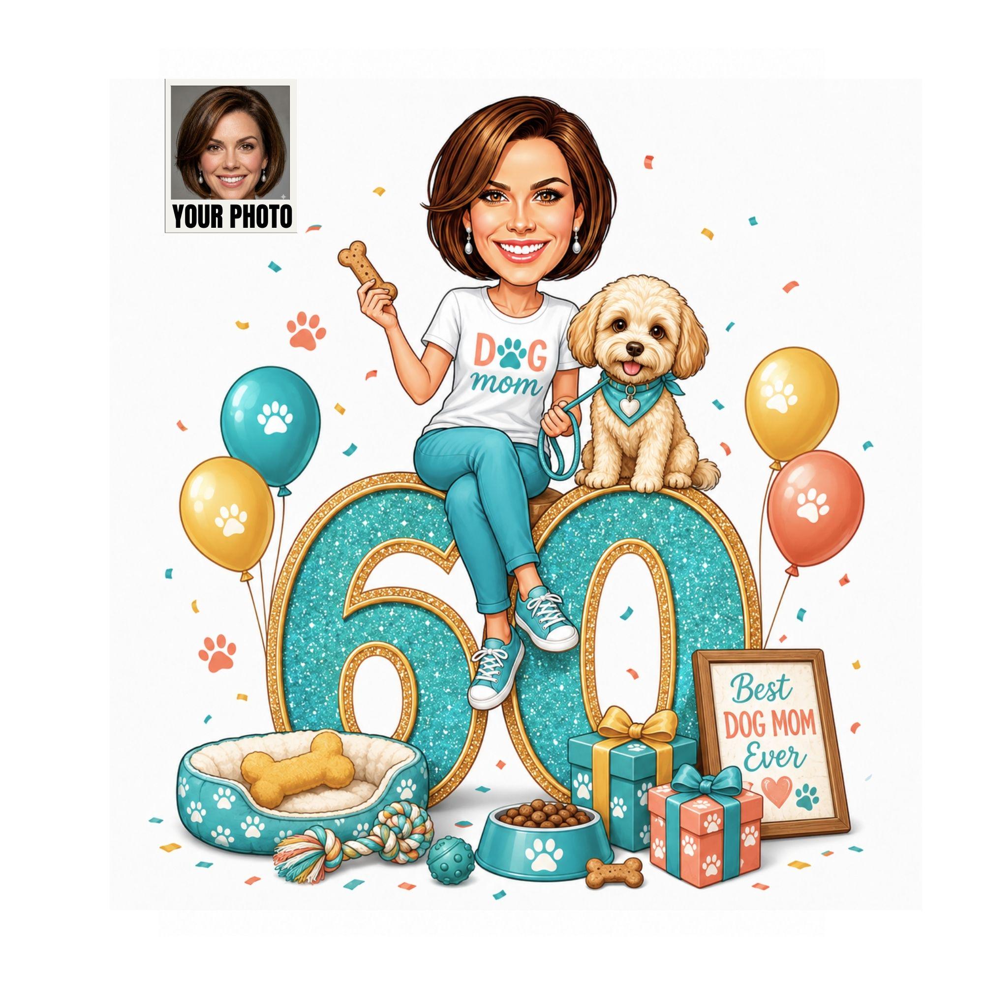 60th Birthday Dog Mom Cartoon Portrait for Her from photo