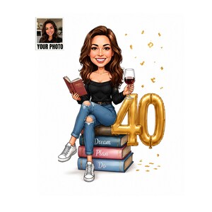 Custom 40th Birthday Card for Her, Funny Book Lover Caricature from Photo, Personalised 40th Birthday Gift for Women, Wine Lover Card
