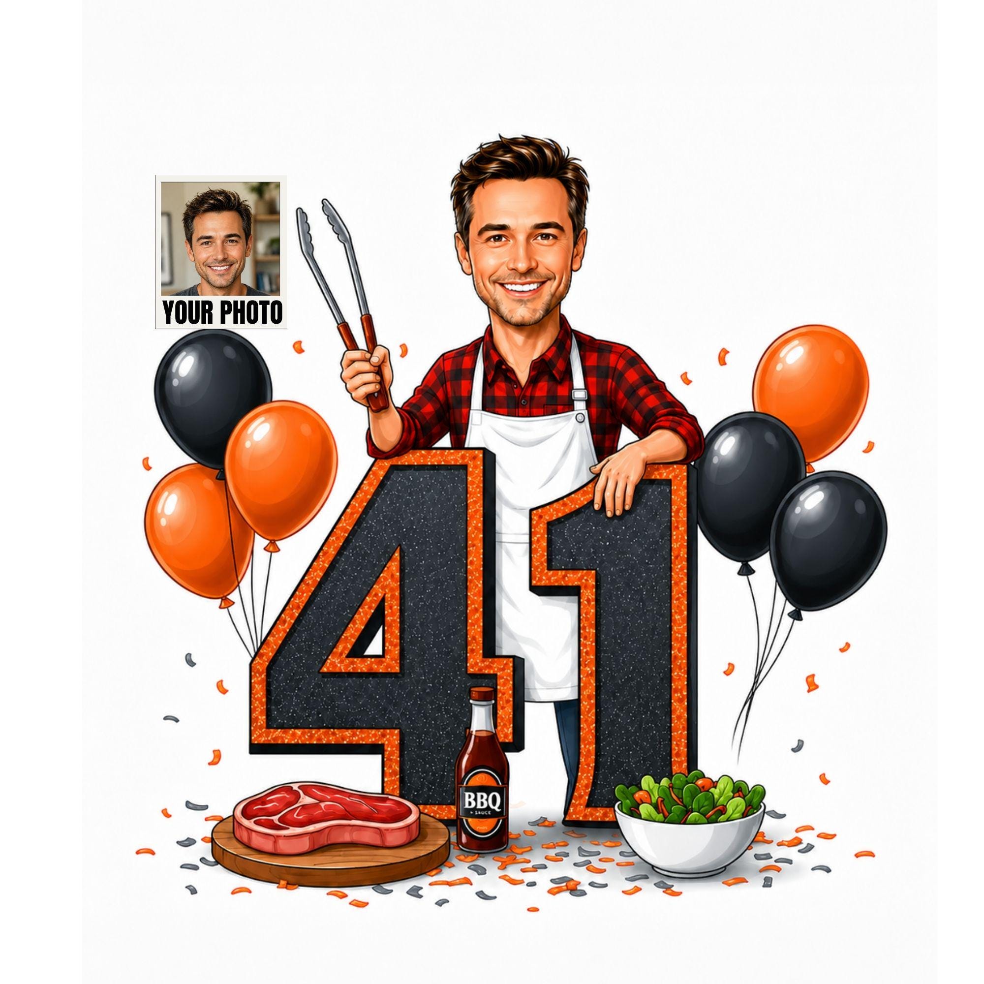 41st Birthday BBQ Cartoon Portrait for Him from photo