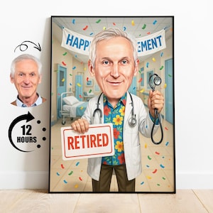Dokter pensionering cartoon portret, aangepaste karikatuur arts pensionering tekening van foto, grappige pensionering karikatuur, cadeau voor arts