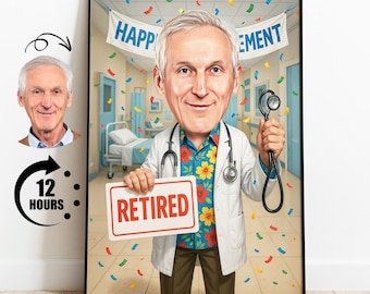 Custom Doctor Retirement Caricature Portrait: Funny Retirement Gift (Digital)